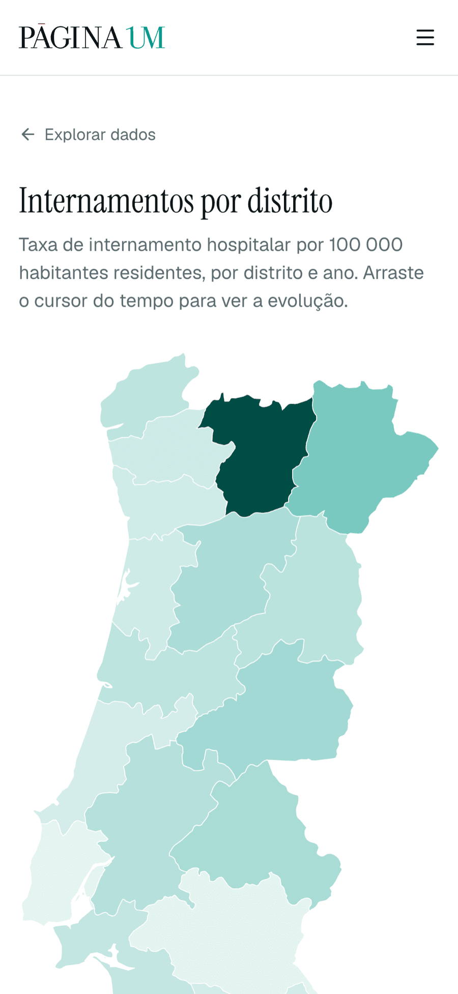 Mapa de internamentos por distrito no telemóvel